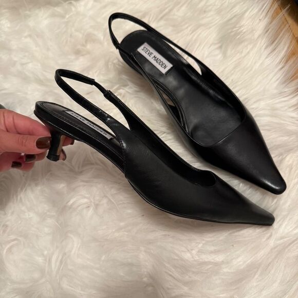 Steve Madden KARI BLACK LEATHER Kitten Heels Sling Back - Picture 2 of 6